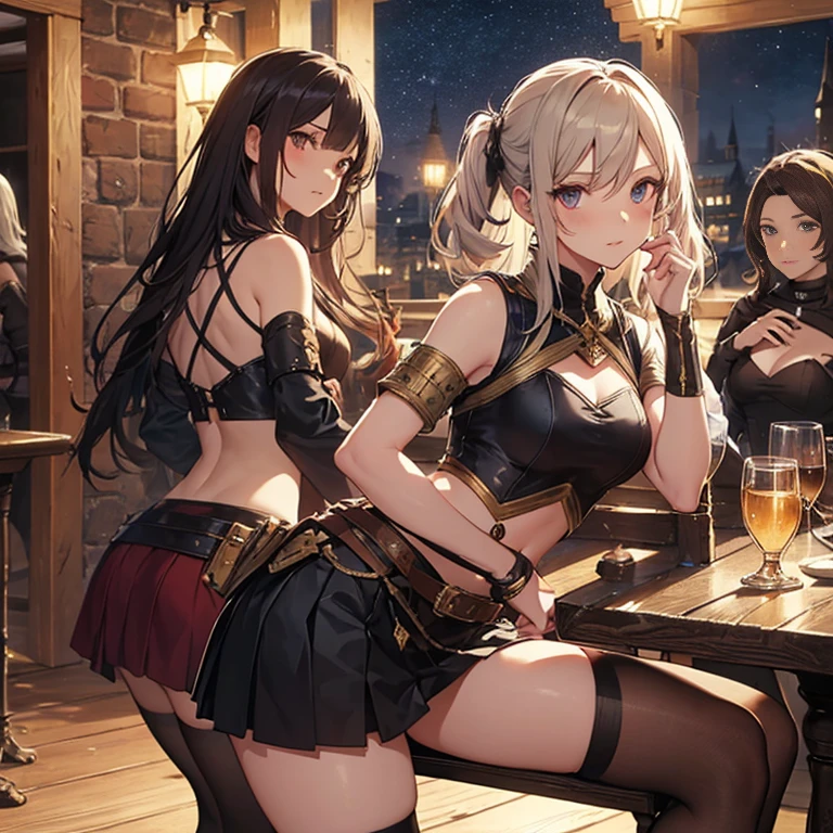 A group of  female medieval fantasy adventurers, (in tavern), various hair styles, harem, night, details face, short skirt, seducing, sleeveless, armor, midriff 