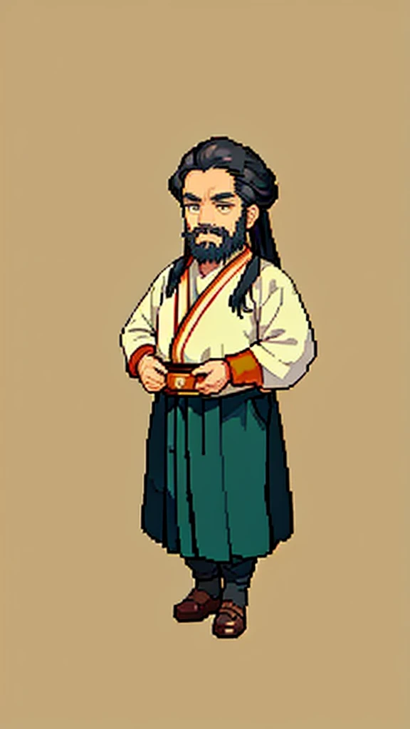 Old man in ancient Chinese costume、Wise Old Man、Looking into the camera、Her hair is tied up in a bun、Long sleeve、Hanfu、Black Hair、Stand and pose、Pixel art、(masterpiece, highest quality, highest quality), pixel,pixel art,whole body,Characters in Romance of the Three Kingdoms、Transform、(beard)、Short Deformation、Old man with long beard