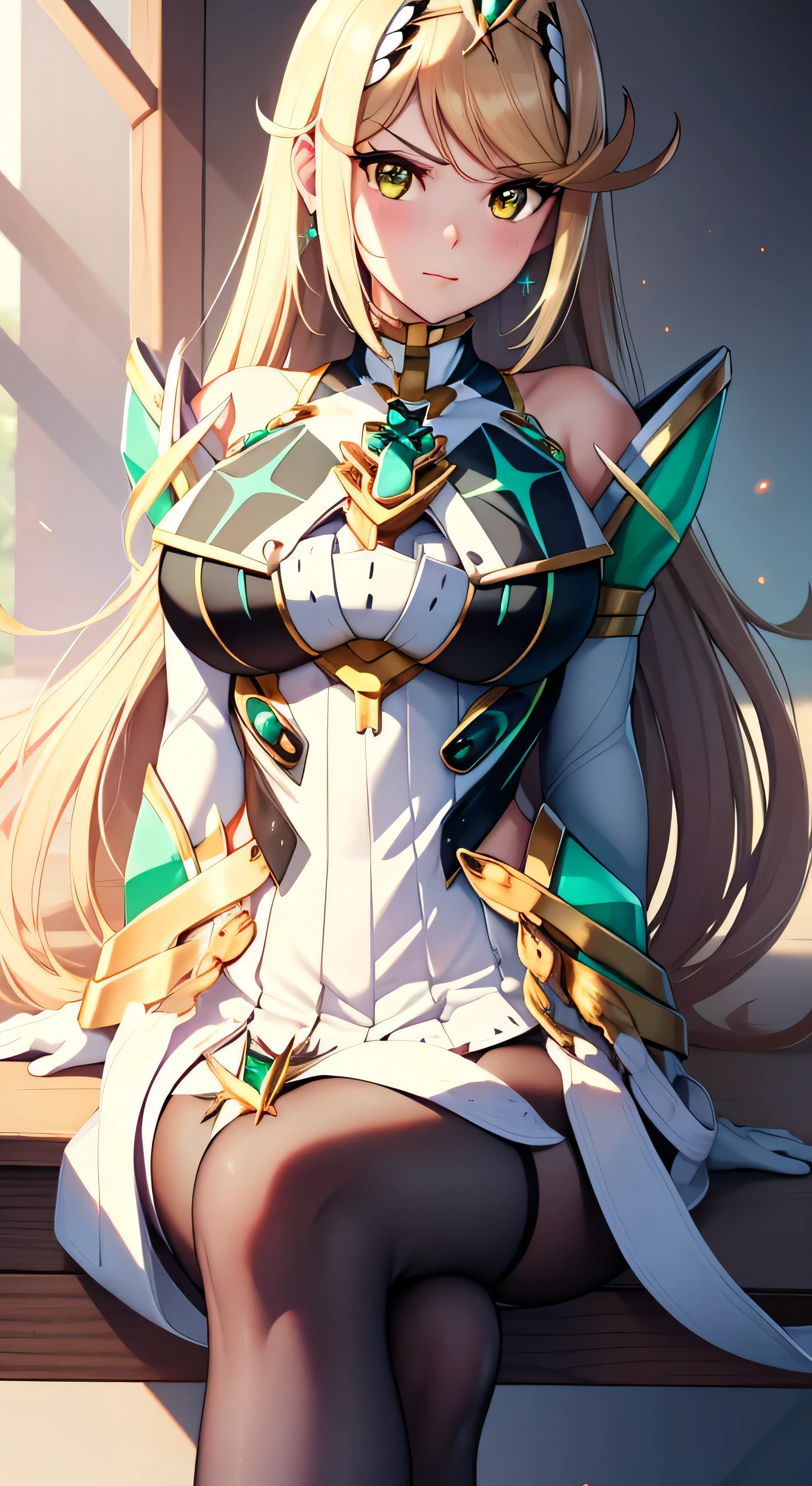 Mythra the Xenoblade, blonde, neckleace, breasts big, big hair, sexy hentai girl, best qualityer