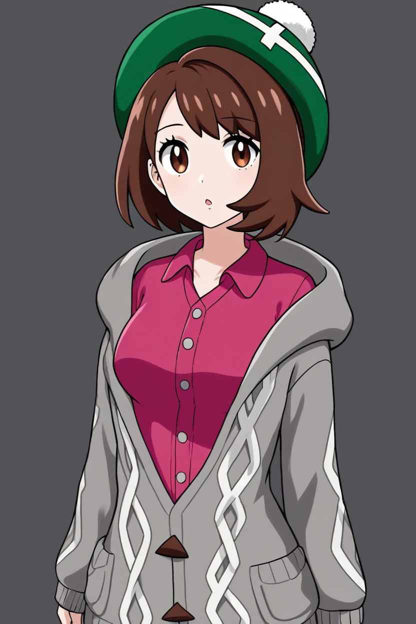 high resolution, highly detailed, perfect lighting, beautiful detailed eyes, upper body, black background, 1girl, solo, gloria (pokemon), green hat, grey cardigan, hooded cardigan, cable knit, pink dress, long sleeves, collared dress, curvy,