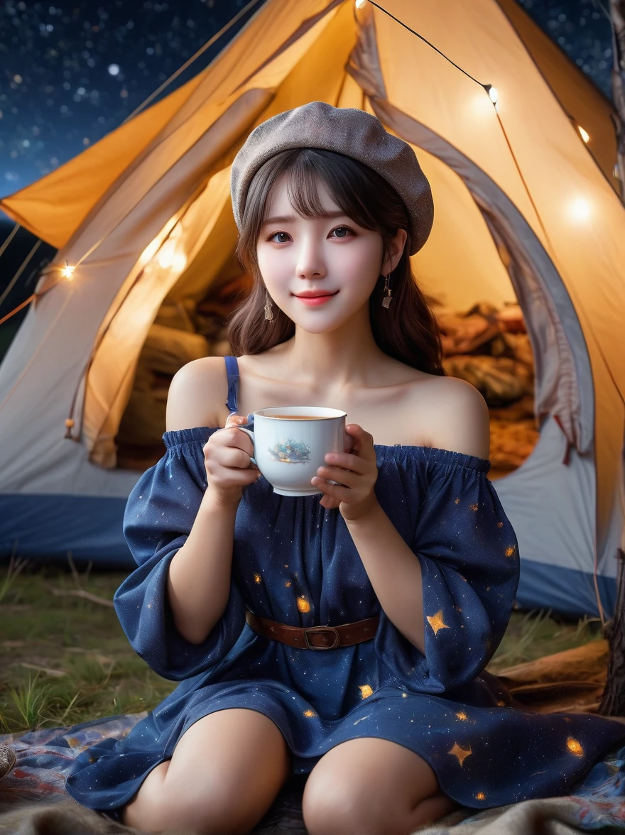 (8k,Highest quality,Maximum resolution,beautiful,8k,The award-winning,Fine details,Ultra Detail,Anatomically correct,Textured Skin,masterpiece),(Vision),(Wide Angle),1girl, camping,night,Starry Sky,Galactic Starlight,A cup of hot tea,Visible real steam,Holding the cup with both hands,(tent:1.5),Berets,boots,Off-shoulder dress,Tea Steam,(tent焦点:1.5)