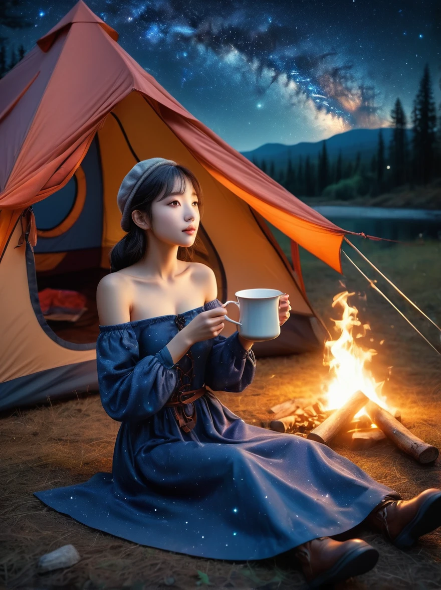(8k,Highest quality,Maximum resolution,beautiful,8k,The award-winning,Fine details,Ultra Detail,Anatomically correct,Textured Skin,masterpiece),(Vision),(Wide Angle),1girl, camping,night,Starry Sky,Galactic Starlight,A cup of hot tea,Visible real steam,Holding the cup with both hands,(tent:1.5),Berets,boots,Off-shoulder dress,Tea Steam,(tent焦点:1.5)