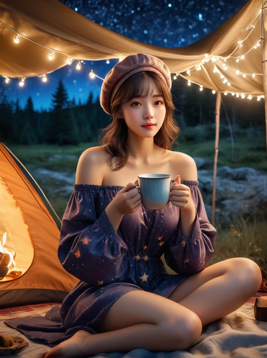 （8k，Highest quality，Maximum resolution，beautiful，8k，The award-winning，Fine details，Ultra Detail，Anatomically correct，Textured Skin，masterpiece），(Vision)，(Wide Angle)，1girl, camping，night，Starry Sky，Galactic Starlight，A cup of hot tea，Visible real steam，Holding the cup with both hands，(tent:1.5)，Berets，boots，Off-shoulder dress，Tea Steam，(tent焦点:1.5)