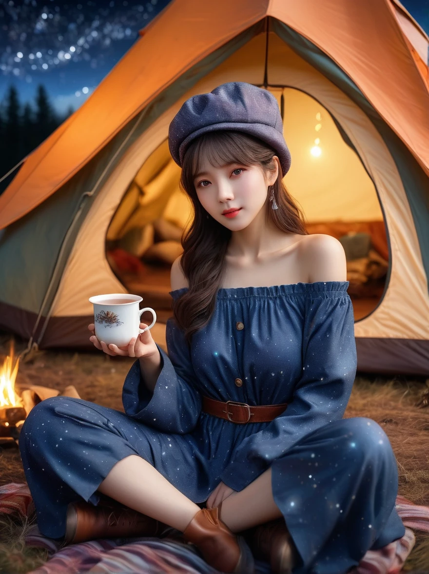 (8k,Highest quality,Maximum resolution,beautiful,8k,The award-winning,Fine details,Ultra Detail,Anatomically correct,Textured Skin,masterpiece),(Vision),(Wide Angle),1girl, camping,night,Starry Sky,Galactic Starlight,A cup of hot tea,Visible real steam,Holding the cup with both hands,(tent:1.5),Berets,boots,Off-shoulder dress,Tea Steam,(tent焦点:1.5)