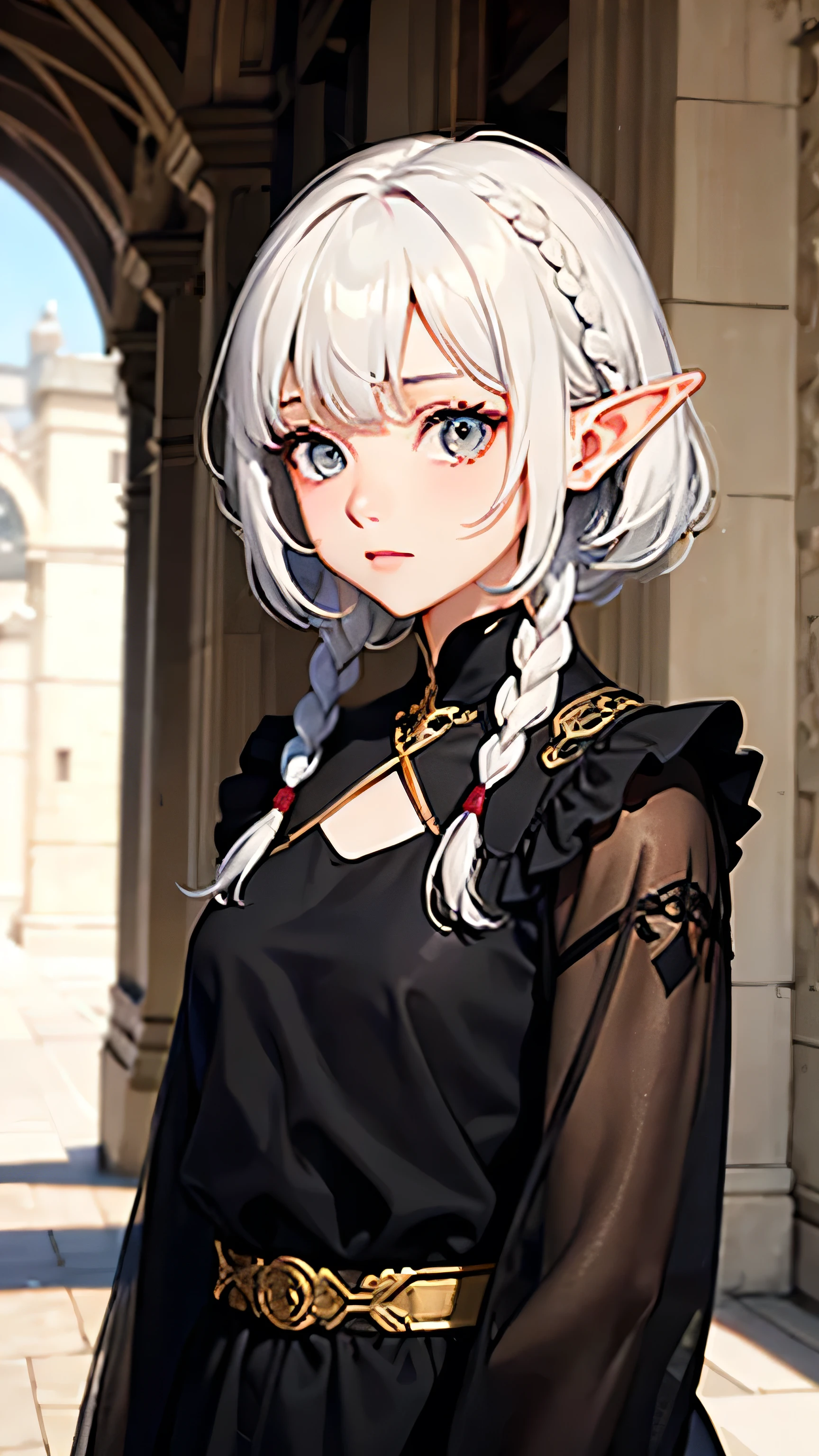 best quality, masterpiece,white hair, Elf, gold eyes,black clothes, shy, upper body,hair strand,Fair skin,side braids.