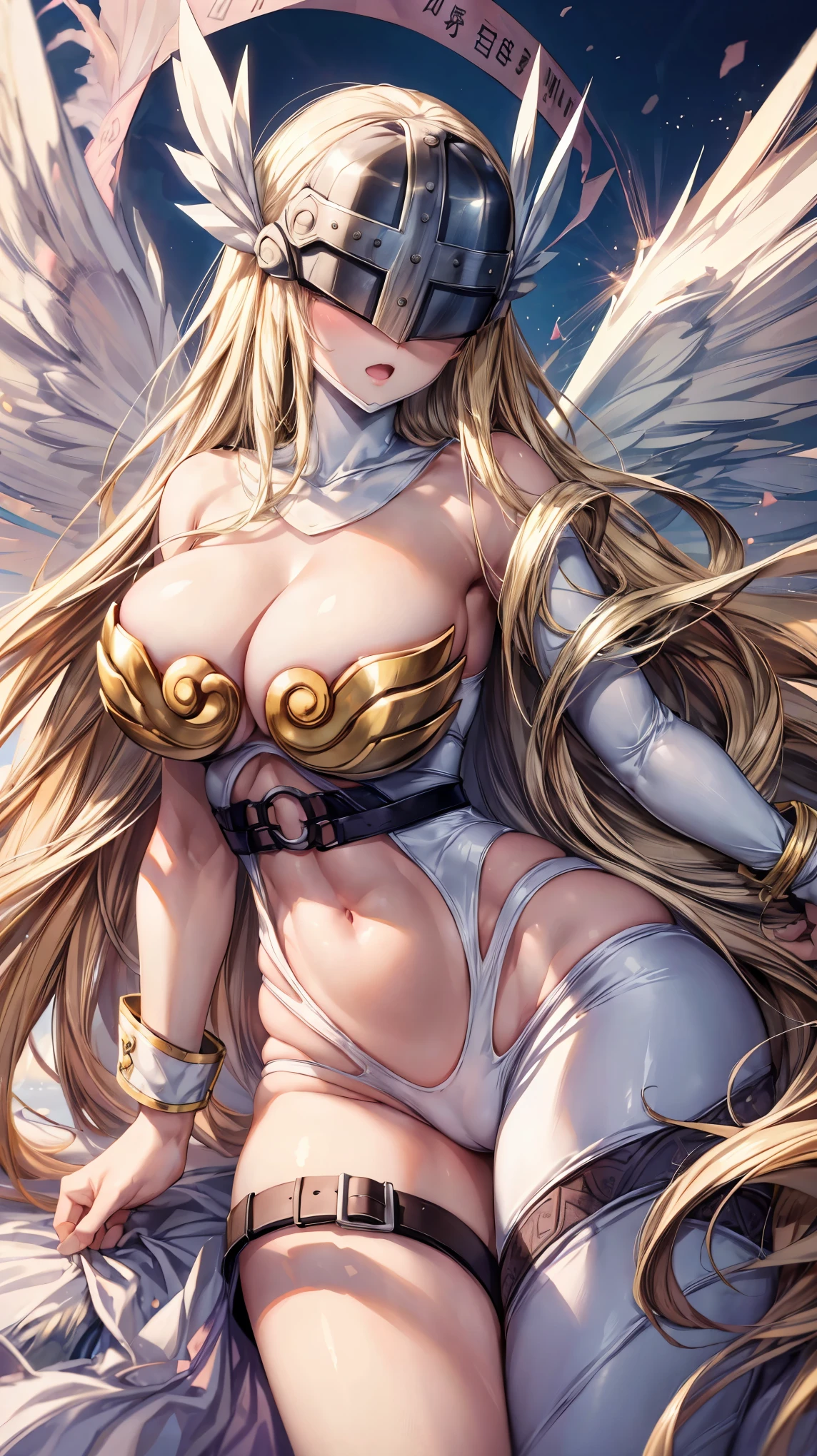 Very detailed、highest quality、Best image quality、masterpiece、8k、Angewomon、Anime Face、Winged Helmet、(Covered Eyes:1.3)、Open Mouth、(Blonde long hair)、(SFW Giant)、Cowboy Shot、(Big Breasts:1.2)