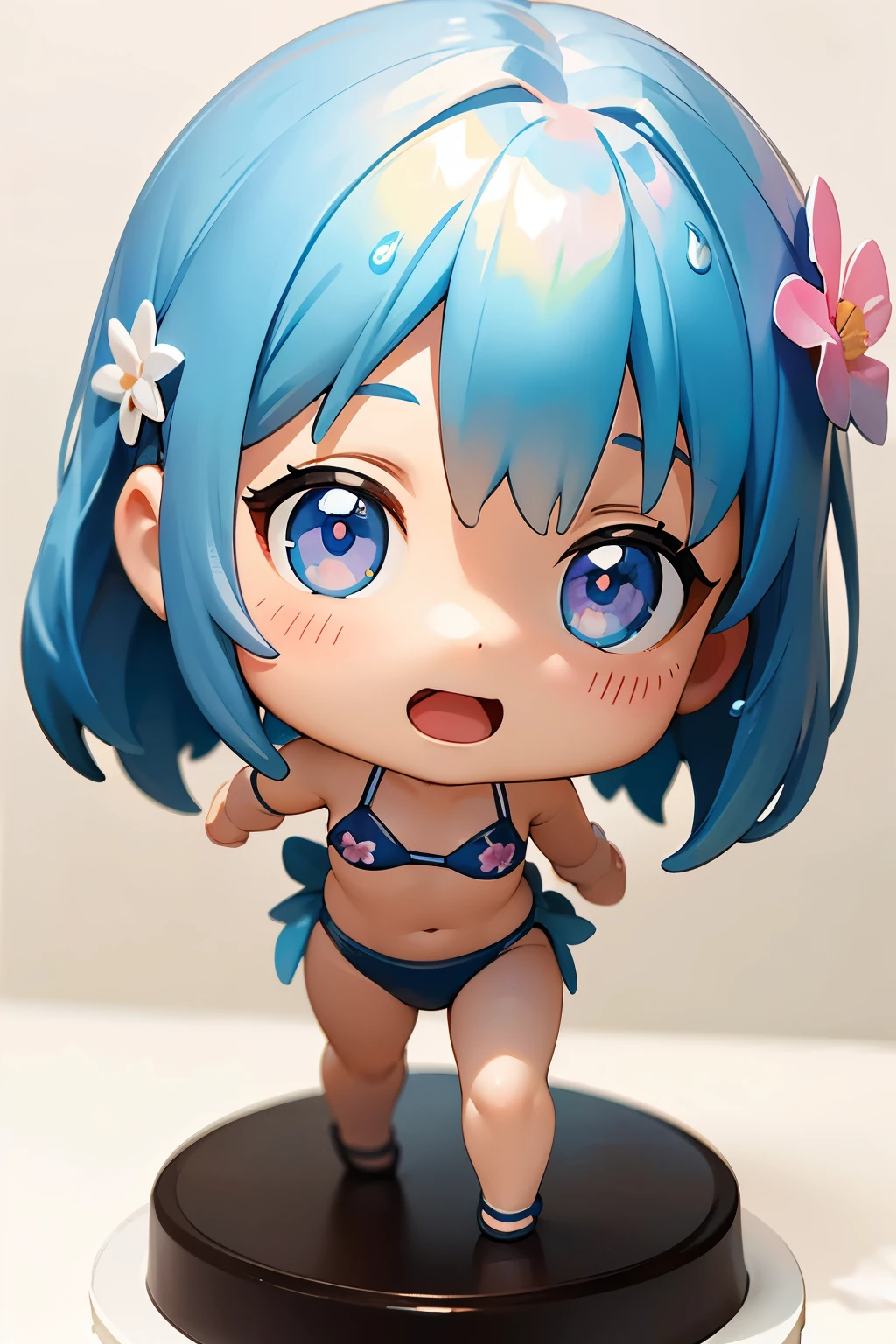 Photo realistic、Doll standing in front of the painting(Nendoroid)、頬にWater Drop、Joyful singing voice、Posing to splash water、Close one eye、Watercolor Nendoroid、(High definition figure)、Flowing iridescent silk、Close-up of face、Eyes up、Bikini Swimwear(Floral)、There are flowers in front of the Nendoroid、petal、Water Drop、season!!: summer☀ 🍂
