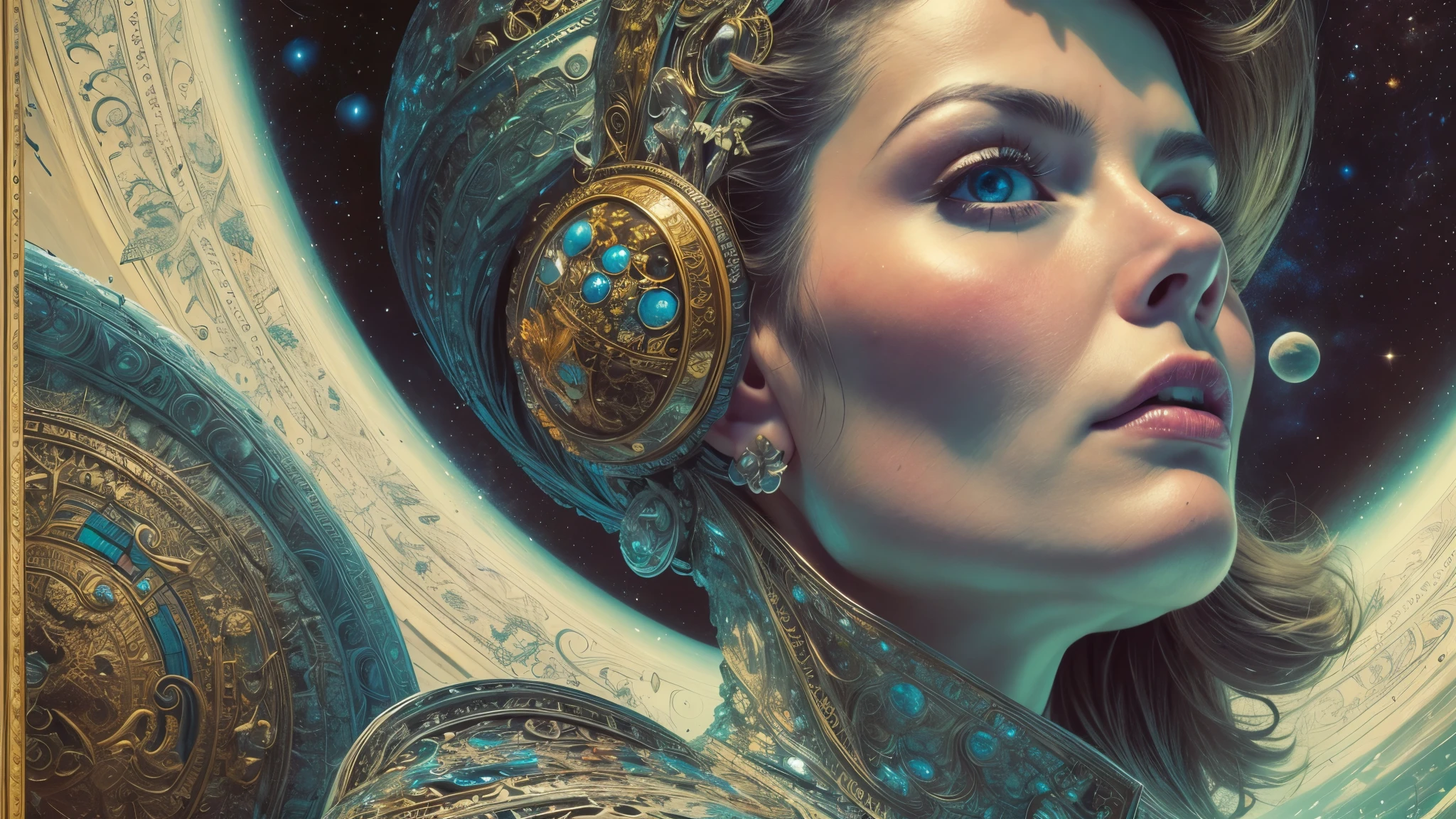 Sci-fi magazine cover by Lou Cameron, beautiful woman, outer spaces, planets, stars, 