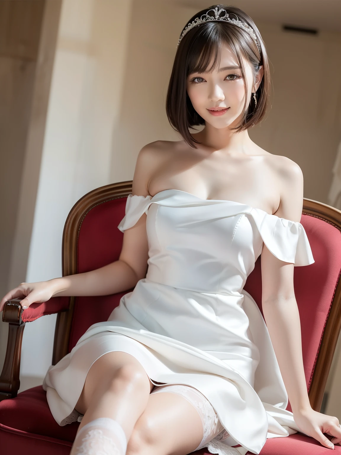 (Best quality: 1.5), (Realistic: 1.5), (1 person: 1.5), (Medium shot: 1.5), Highly detailed, High resolution, 8k, Medium breasts, Natural colored lips, Cute smile, Japanese woman, 20-year-old girl, beautiful and elegant features, perfect and beautiful face, large eyes with good balance between the left and right sides, brunette eyes, beautiful and elegant features, beautiful double eyelids, natural bangs, beautiful thin nose, Beautiful skin, fair skin, (medium bob hair), natural bangs, perfect and beautiful face, slim face and figure, (looks at the camera with a sweet smile), bright lighting, professional lighting, forward lighting, wearing the finest bridal tiara (wearing a pure white off-shoulder mermaid line wedding dress), the finest wedding dress, sitting on the finest chair, a plush chair, lace white gloves, bridal veil, (micro miniskirt dress) , ((garter belt)), knee-length lace stockings,