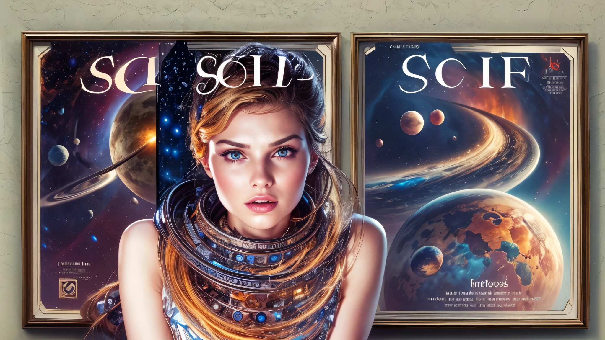 Sci-fi magazine cover by Lou Cameron, beautiful woman, outer spaces, planets, stars,
