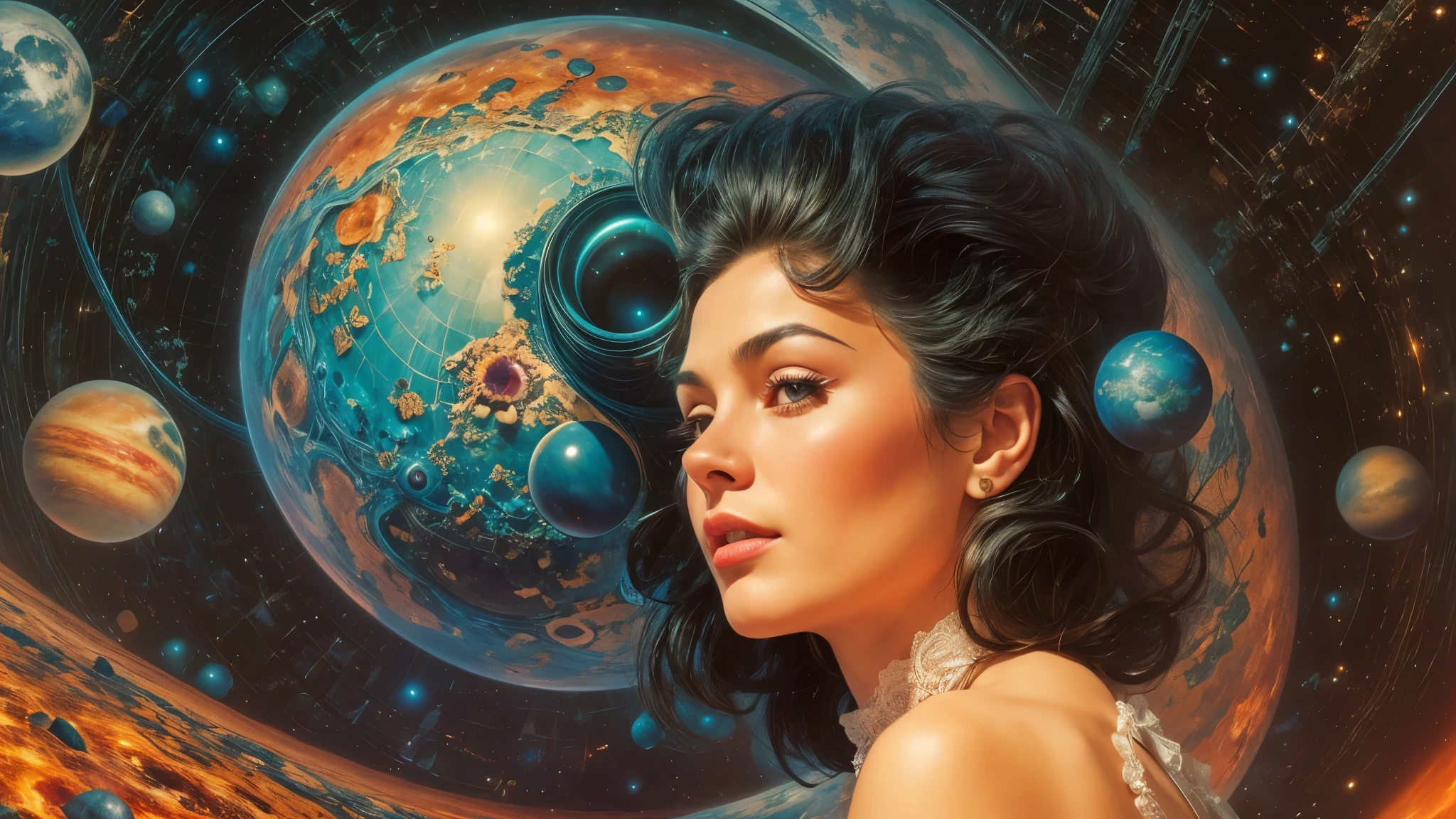 Sci-fi magazine cover by Lou Cameron, beautiful woman, outer spaces, planets, stars, 