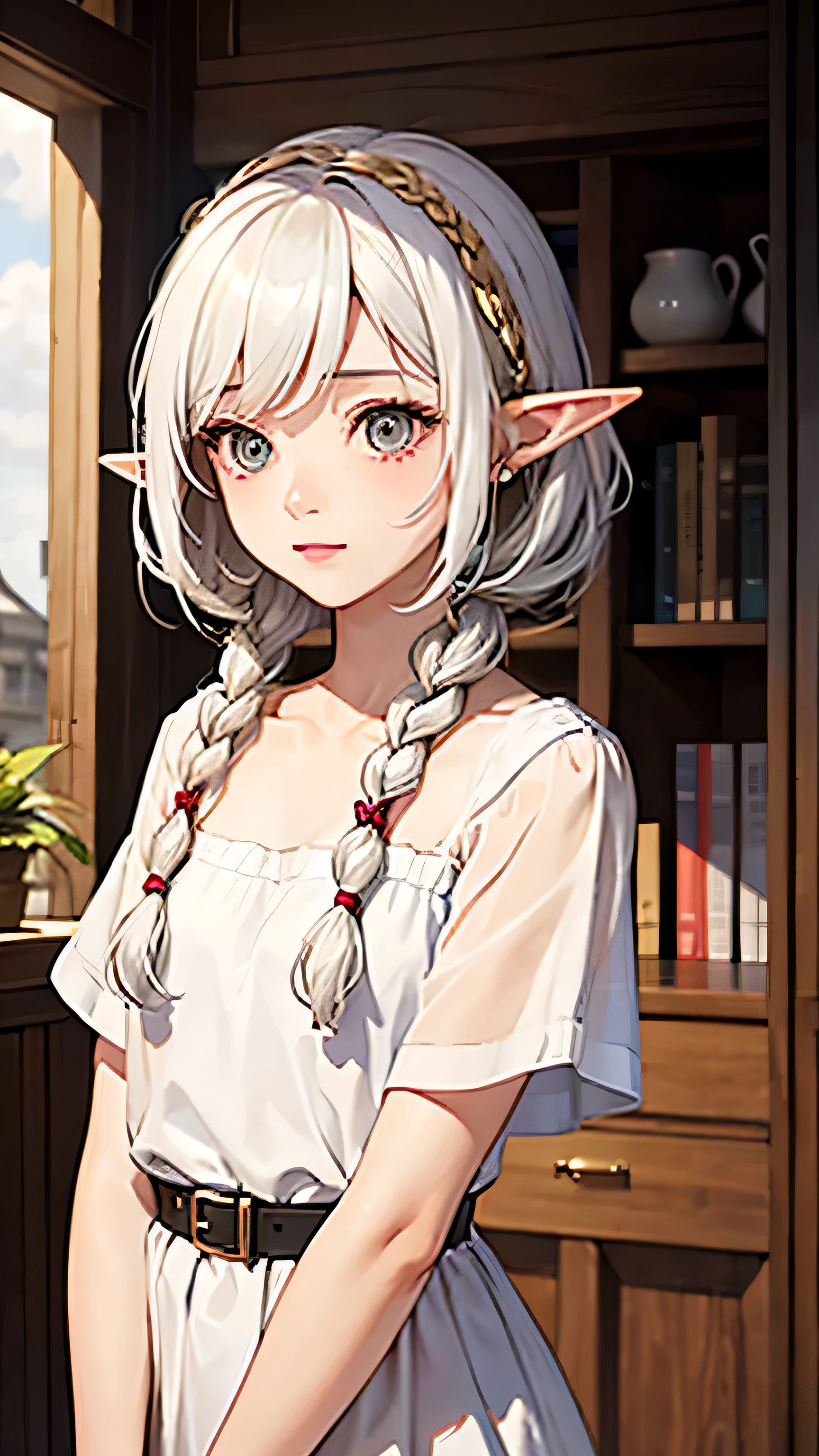 best quality, masterpiece,white hair, Elf, gold eyes,white clothes, shy, upper body,hair strand,Fair skin,side braids.