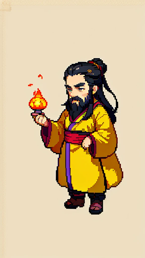 Old man in ancient Chinese costume、Wise Old Man、Looking into the camera、Her hair is tied up in a bun、Long sleeve、Hanfu、Black Hair、Stand and pose、Pixel art、(masterpiece, highest quality, highest quality), pixel,pixel art,whole body,Characters in Romance of the Three Kingdoms、Transform、(beard)、Short Deformation、Old man with long beard