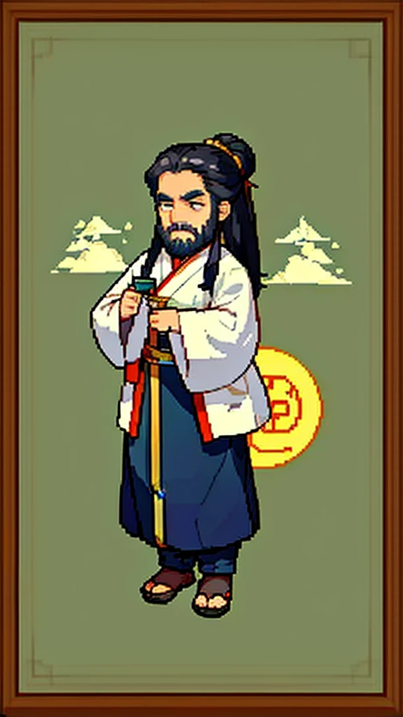 Old man in ancient Chinese costume、Wise Old Man、Looking into the camera、Her hair is tied up in a bun、Long sleeve、Hanfu、Black Hair、Stand and pose、Pixel art、(masterpiece, highest quality, highest quality), pixel,pixel art,whole body,Characters in Romance of the Three Kingdoms、Transform、(beard)、Short Deformation、Old man with long beard