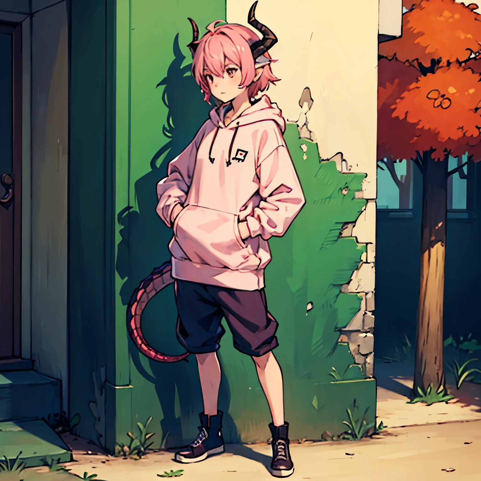a small male femboy with pink hair dragon horns and tail. dressed in a very baggy hoodie and skirt