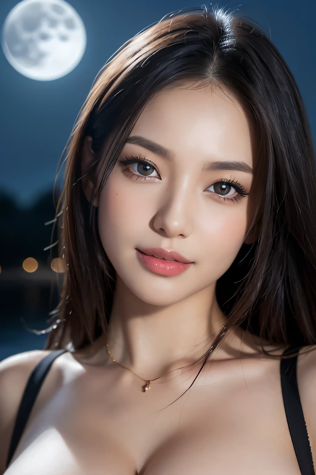 Kimono beauty, body portrait, 8k, thin and beautiful eyes, Dindal effect, masterpiece, top quality, high quality, high resolution, very detailed photo, (natural skin texture, fine skin, hyper realism, super sharpness) , high detail skin, (very fine, fine skin texture, intricate details, beautiful face, (real-like face), realistic eyes, beautifully detailed eyes, realistic skin, beautiful skin, surreal, Highly detailed, golden ratio, smiling eyes, ((night moonlight background)), body portrait, G cup, big breasts, huge breasts, big breasts, glamorous, shiny bodysuit