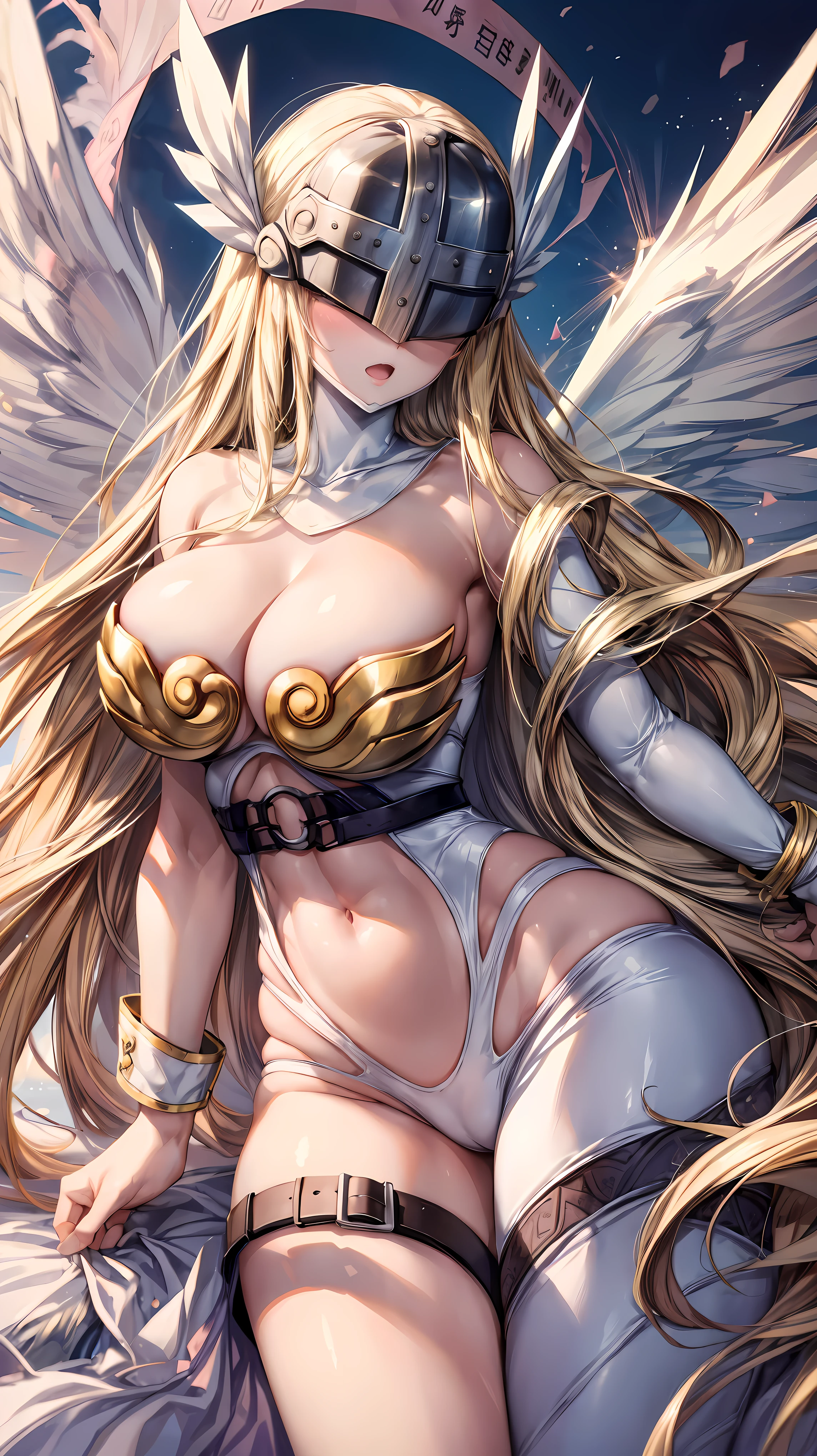 Very detailed、highest quality、Best image quality、masterpiece、8k、Angewomon、Anime Face、Winged Helmet、(Covered Eyes:1.3)、Open Mouth、(Blonde long hair)、(SFW Giant)、Cowboy Shot、(Big Breasts:1.2)