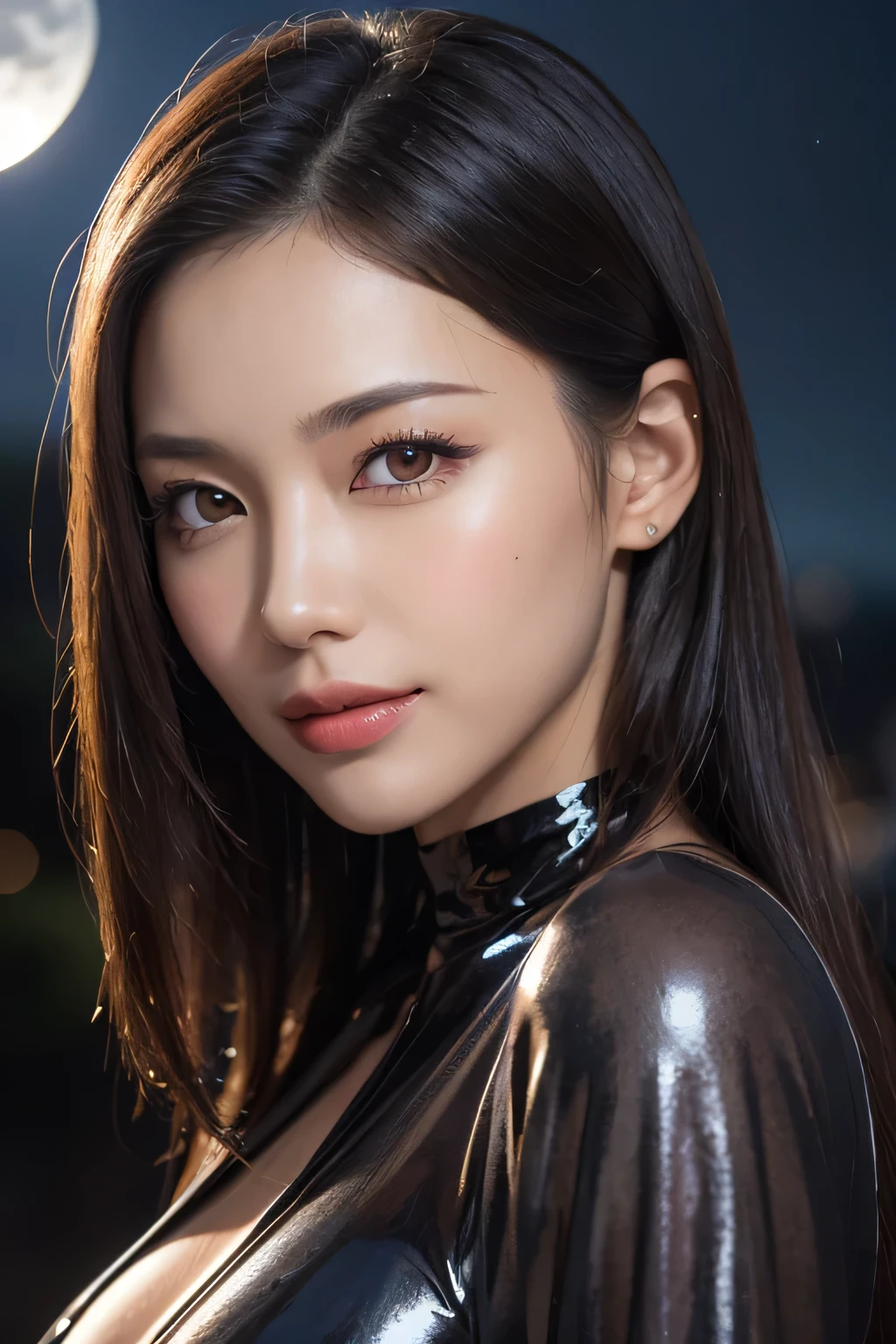 Kimono beauty, body portrait, 8k, thin and beautiful eyes, Dindal effect, masterpiece, top quality, high quality, high resolution, very detailed photo, (natural skin texture, fine skin, hyper realism, super sharpness) , high detail skin, (very fine, fine skin texture, intricate details, beautiful face, (real-like face), realistic eyes, beautifully detailed eyes, realistic skin, beautiful skin, surreal, Highly detailed, golden ratio, smiling eyes, ((night moonlight background)), body portrait, G cup, big breasts, huge breasts, big breasts, glamorous, shiny bodysuit