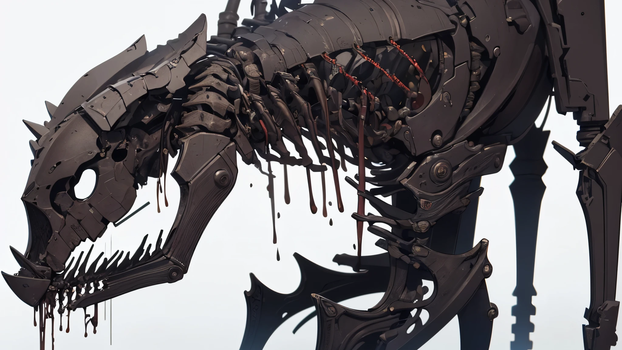 ((8K resolution))、((highest quality))、((masterpiece))、((Very detailed))((((dramatic))), (Anatomically correct)、The depth of the object to write、Looking at the camera、front、(woman、Mechanical bones格、Mechanical boneechanical Cervical Vertebra、Long and thin、lipstick、Spit sludge from the mouth、Bloody)、spooky、an ominous、((theme、whole body:1.1)), SF、Design、White Background