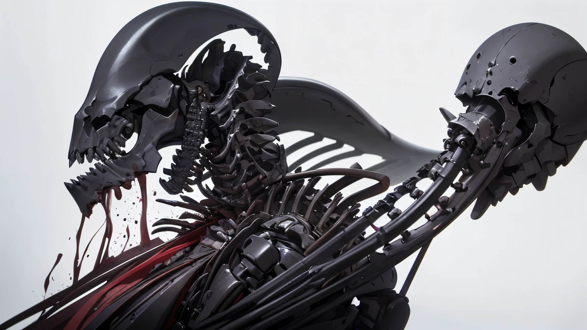 ((8K resolution))、((highest quality))、((masterpiece))、((Very detailed))((((dramatic))), (Anatomically correct)、The depth of the object to write、Looking at the camera、front、(Mechanical bones格、Mechanical boneechanical Cervical Vertebra、Long and thin、lipstick、Spit sludge from the mouth、Bloody)、spooky、an ominous、((theme、whole body:1.1)), SF、rifle、Biomechanics、Design、White background