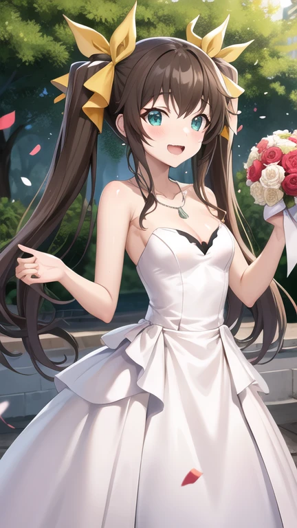 masterpiece, best quality, highres, Huang Lingyin, long hair, twintails, hair ribbon, small breasts, wedding dress, cleavage, necklace, white dress, garden, standing, holding bouquet, open mouth, smile, confetti,