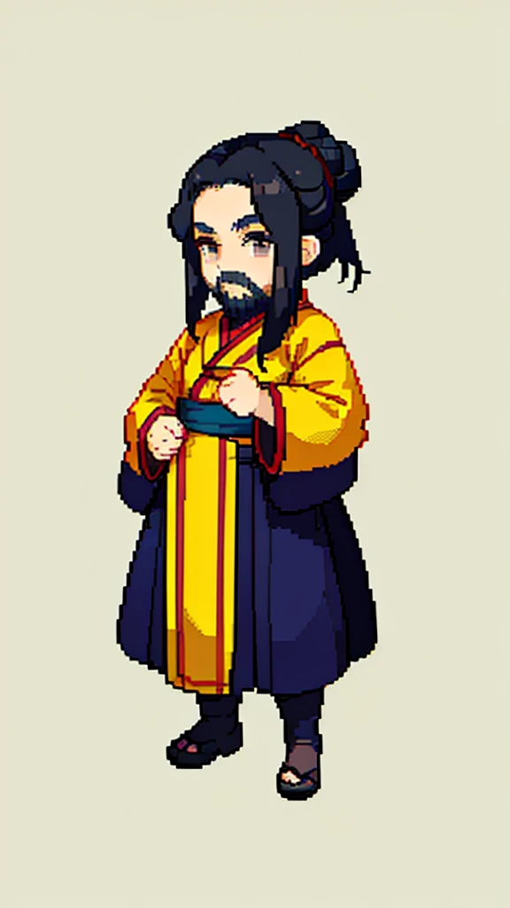 Old man in ancient Chinese costume、Wise Old Man、Looking into the camera、Her hair is tied up in a bun、Long sleeve、Hanfu、Black Hair、Stand and pose、Pixel art、(masterpiece, highest quality, highest quality), pixel,pixel art,whole body,Characters in Romance of the Three Kingdoms、Transform、(beard)、Short Deformation、Old man with long beard