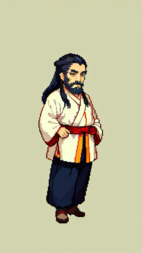 Old man in ancient Chinese costume、Wise Old Man、Looking into the camera、Her hair is tied up in a bun、Long sleeve、Hanfu、Black Hair、Stand and pose、Pixel art、(masterpiece, highest quality, highest quality), pixel,pixel art,whole body,Characters in Romance of the Three Kingdoms、Transform、(beard)、Short Deformation、Old man with long beard