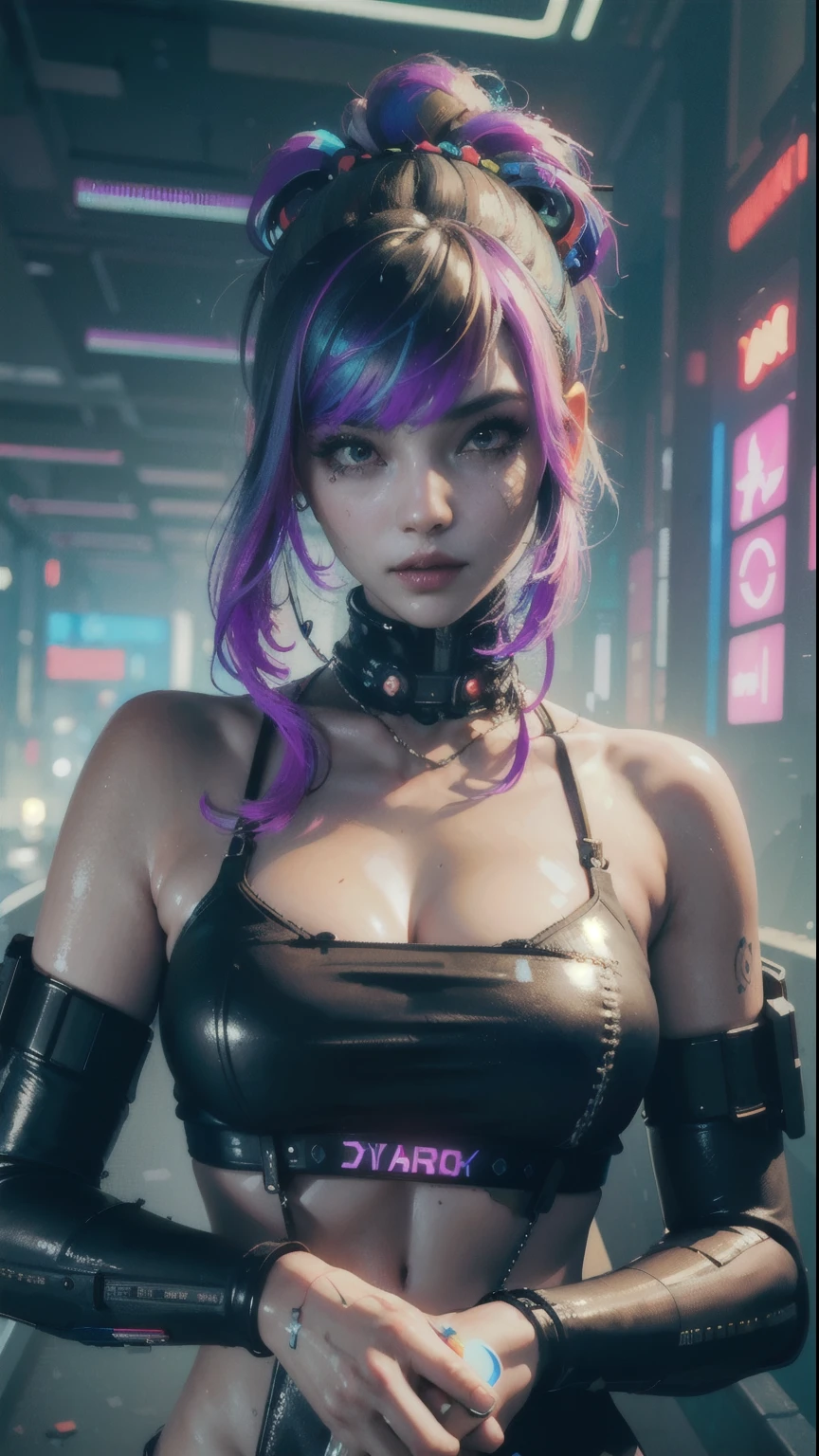 ((Best quality)), ((masterpiece)), (highly detailed:1.3), 3D, beautiful (cyberpunk:1.3) hacker woman with colored hair, black clothes looking at camera