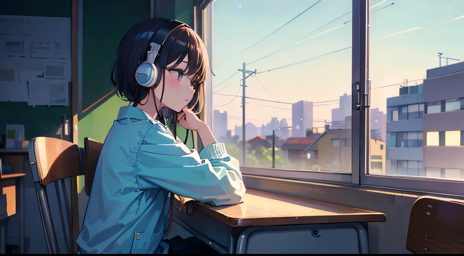 Portrait、512、Lo-Fi(Lo-Fi)(Lo-Fi(Lo-Fi))、Girl sitting on a chair wearing headphones、Nap at desk、classroom、Streets outside the window、evening、pastel colour、Painting、profile