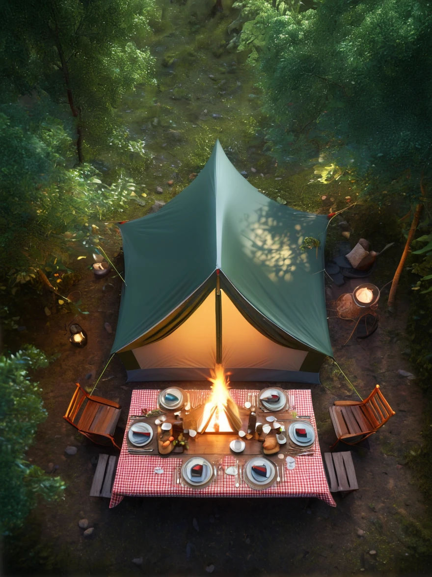 photography，Fresh air，Dense leaves above the screen，画面下方tent，dining table，light，Camping scene，Top view，Light Effect，Detailed depiction，Grand scene，Couples，Embrace，(tent:1.5)，Berets，boots，Off-shoulder dress，Tea Steam，(tent焦点:1.5), Unreal Engine