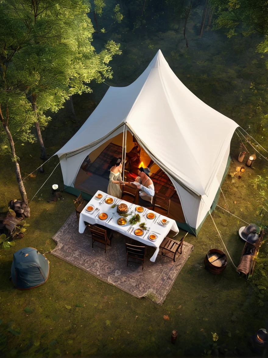 photography，Fresh air，Dense leaves above the screen，画面下方tent，dining table，light，Camping scene，Top view，Light Effect，Detailed depiction，Grand scene，Couples，Embrace，(tent:1.5)，Berets，boots，Off-shoulder dress，Tea Steam，(tent焦点:1.5), Unreal Engine