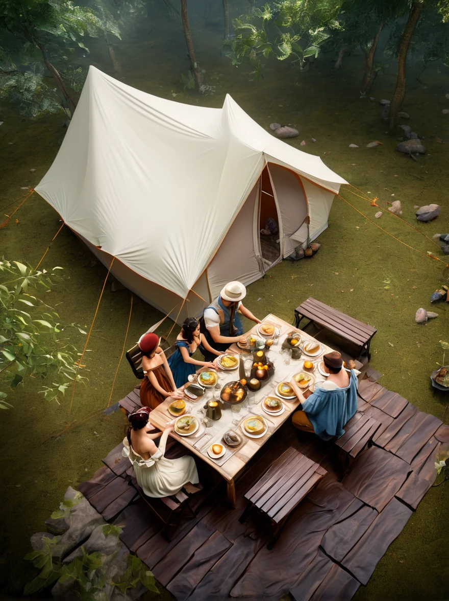 photography，Fresh air，Dense leaves above the screen，画面下方tent，dining table，light，Camping scene，Top view，Light Effect，Detailed depiction，Grand scene，Couples，Embrace，(tent:1.5)，Berets，boots，Off-shoulder dress，Tea Steam，(tent焦点:1.5), Unreal Engine