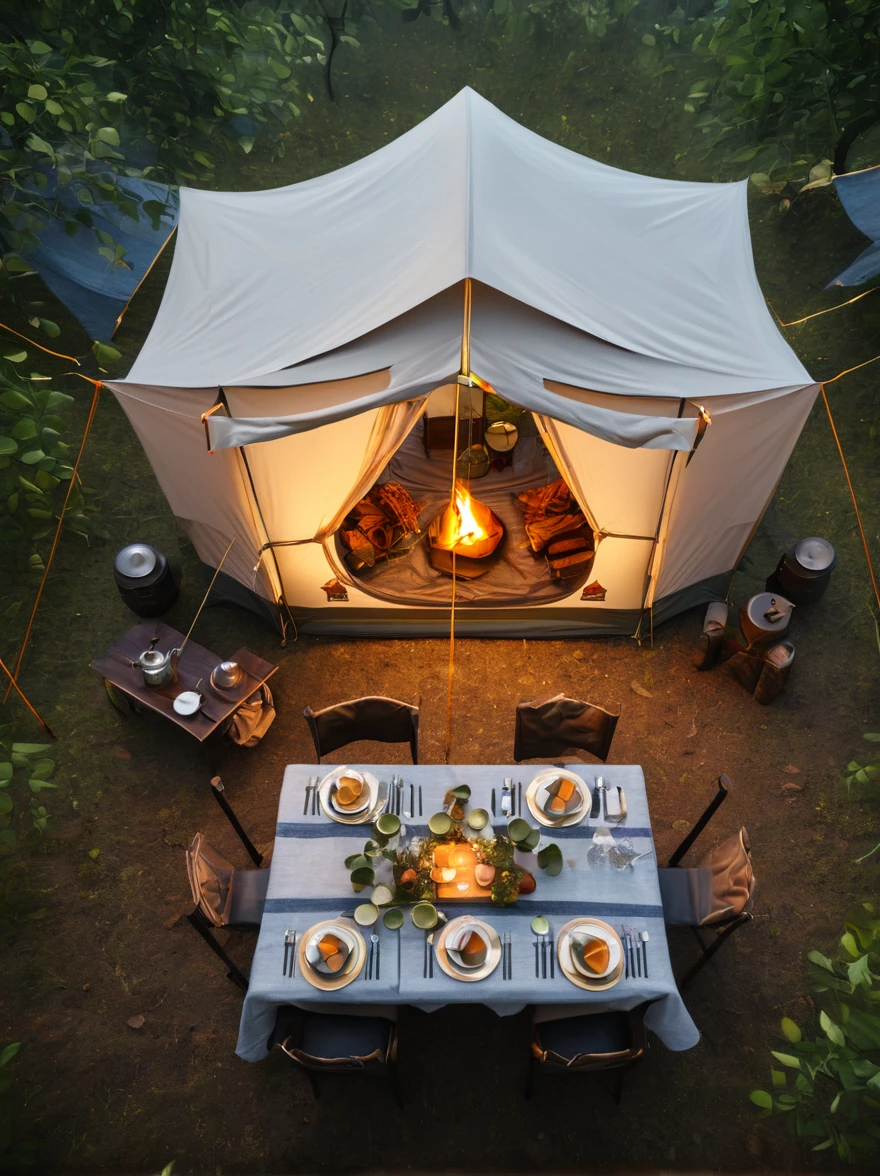 photography，Fresh air，Dense leaves above the screen，画面下方tent，dining table，light，Camping scene，Top view，Light Effect，Detailed depiction，Grand scene，Couples，Embrace，(tent:1.5)，Berets，boots，Off-shoulder dress，Tea Steam，(tent焦点:1.5), Unreal Engine