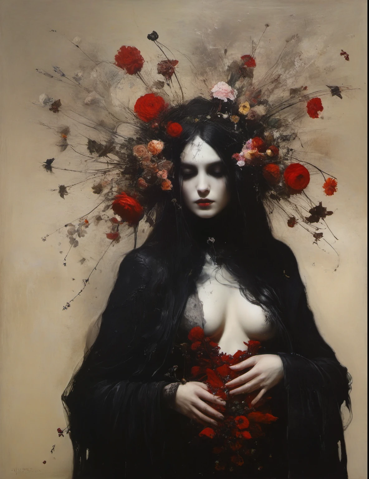 James Gurney, Surrealist art , dream-like, Mysterious, Provocative, symbolic, Complex, detailed,, (Gothic but very beautiful:1.4), (masterpiece, highest quality:1.4) , Nicola Samori Style, l’écume des jours, Chloe, A woman with many flowers blooming from her chest