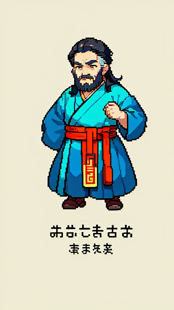 Old man in ancient Chinese costume、Wise Old Man、Looking into the camera、Her hair is tied up in a bun、Long sleeve、Hanfu、Black Hair、Stand and pose、Pixel art、(masterpiece, highest quality, highest quality), pixel,pixel art,whole body,Characters in Romance of the Three Kingdoms、Transform、(beard)、Short Deformation、Old man with long beard