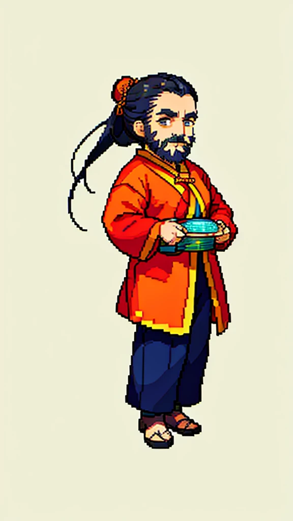 Old man in ancient Chinese costume、Wise Old Man、Looking into the camera、Her hair is tied up in a bun、Long sleeve、Hanfu、Black Hair、Stand and pose、Pixel art、(masterpiece, highest quality, highest quality), pixel,pixel art,whole body,Characters in Romance of the Three Kingdoms、Transform、(beard)、Short Deformation、Old man with long beard