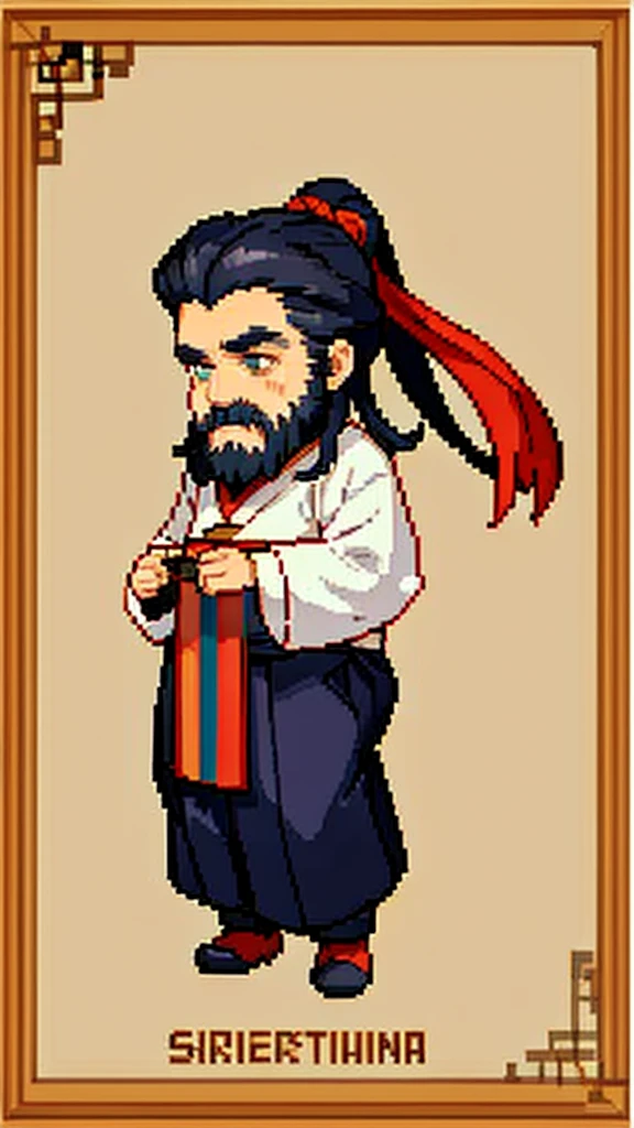 Old man in ancient Chinese costume、Wise Old Man、Looking into the camera、Her hair is tied up in a bun、Long sleeve、Hanfu、Black Hair、Stand and pose、Pixel art、(masterpiece, highest quality, highest quality), pixel,pixel art,whole body,Characters in Romance of the Three Kingdoms、Transform、(beard)、Short Deformation、Old man with long beard