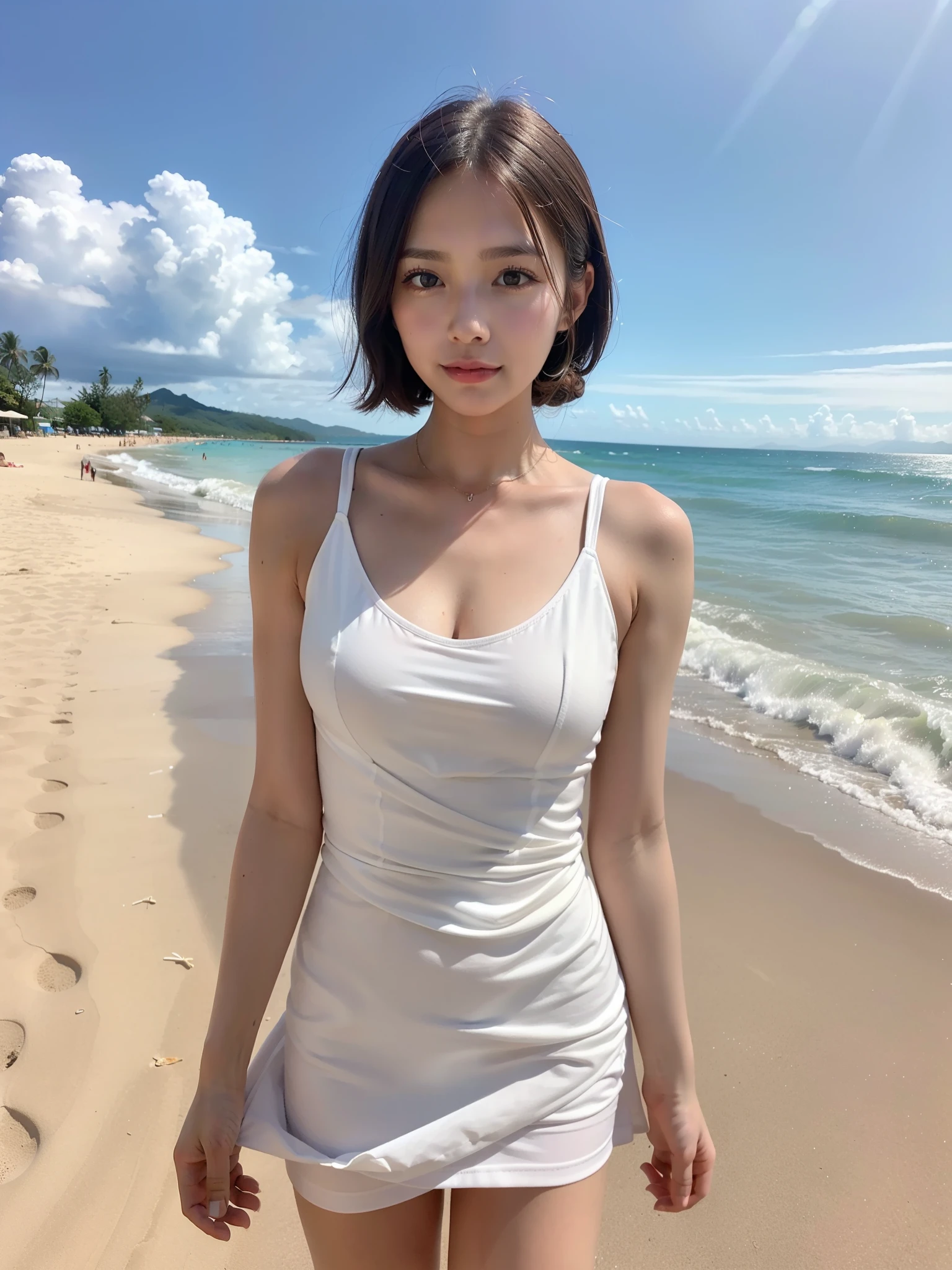 ((Best of the highest quality, 8k, Masterpiece, raw photo: 1.3)), Sharp focus: 1.2, (1 AESPA, slim body type female, 21 y/o: 1.1), (Solo: 1.36), (realistic, photo-realistic:1.37), face focus, cute face, finely eyes, side lighting, using reflectors, (small breasts, flat chest, Thigh: 1.32), (short messy hair, updo), (low cut summer dress: 1.2), walking beach, (guam, ypao beach, Palmae: 1.1), sun light,
