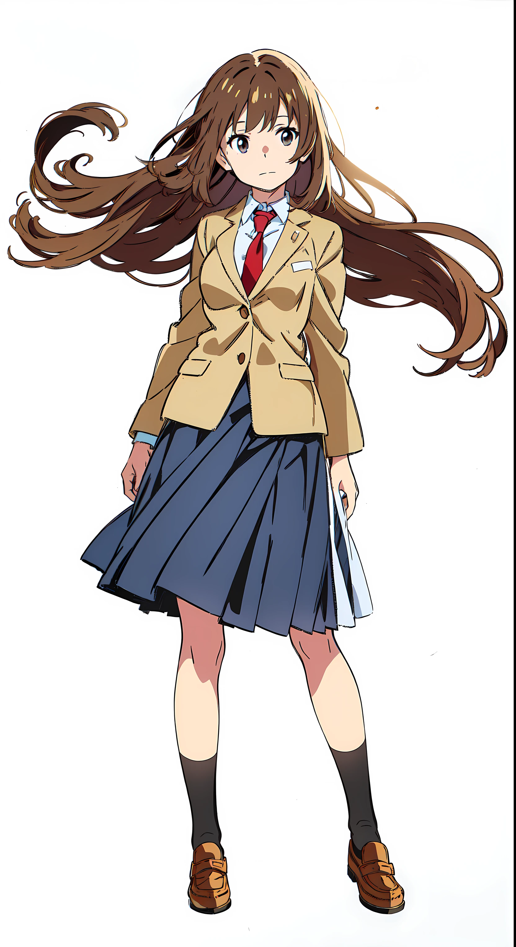 (white background:1.0), (best quality:1.0), (masterpiece:1.0), (super fine illustration:1.0), (beautiful artwork:1.0), (anime screencap:1.0), (official art:1.0), (full body:1.0), (solo:1.0), (HSGα:1.0), (a 17yo cute girl:1.0), (long skirt:1.25), (dark blue skirt:1.0), (pleated skirt:1.0), (school uniform beige blazer:1.0), (red necktie:1.0), (loafers:1.0), (black socks:1.0), (ideal ratio body proportions:1.2), (lanky:1.2), (tall:1.2), (slender:1.2), (small breasts:1.2), (smaller face:1.2), (tareme:1.0), (detailed beautiful eyes:1.0), (detailed beautiful face:1.0), (glowing black eyes:1.0), (long hair:1.0), (brown hair:1.0), (standing:1.0), (looking at viewer:1.0)