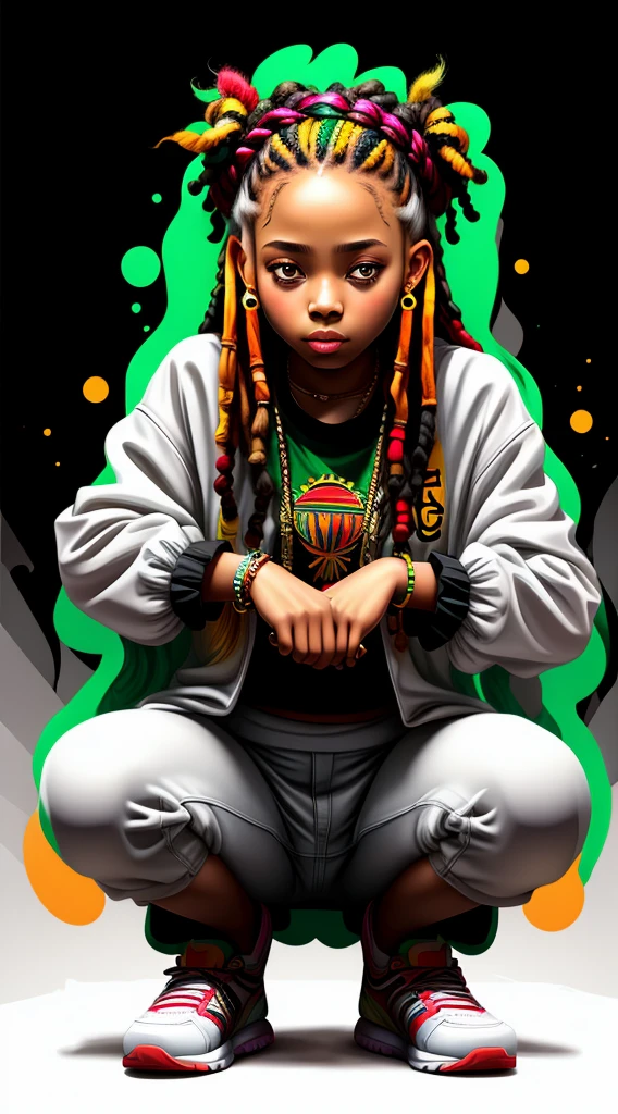 vector art, smudge art(1girl rasta squatting, with white clothes)mafia