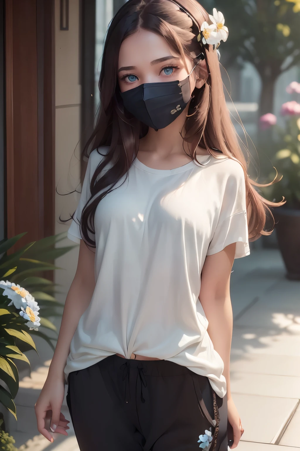 A beautiful, attractive 19-year-old woman, (long brown hair, blue eyes, no bangs), wearing (a white t-shirt with flowers, black sweatpants), with (a watch on her right hand, a detailed blue mask), highly detailed, 8k, photorealistic, digital art, cinematic lighting, warm color tones, masterpiece