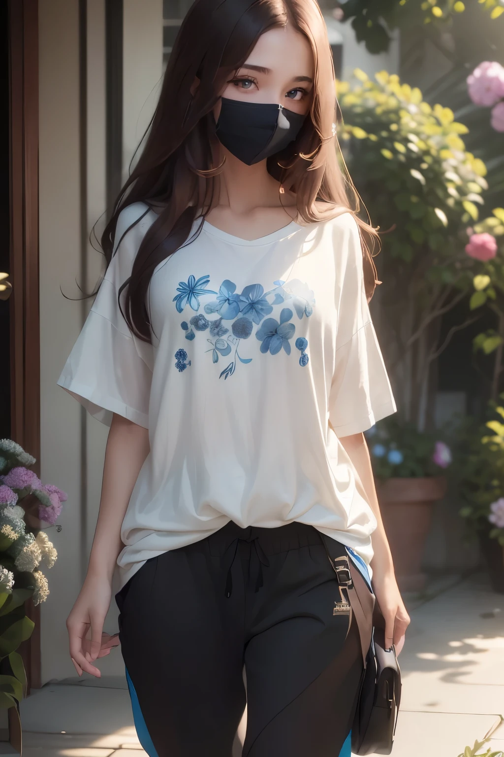 A beautiful, attractive 19-year-old woman, (long brown hair, blue eyes, no bangs), wearing (a white t-shirt with flowers, black sweatpants), with (a watch on her right hand, a detailed blue mask), highly detailed, 8k, photorealistic, digital art, cinematic lighting, warm color tones, masterpiece