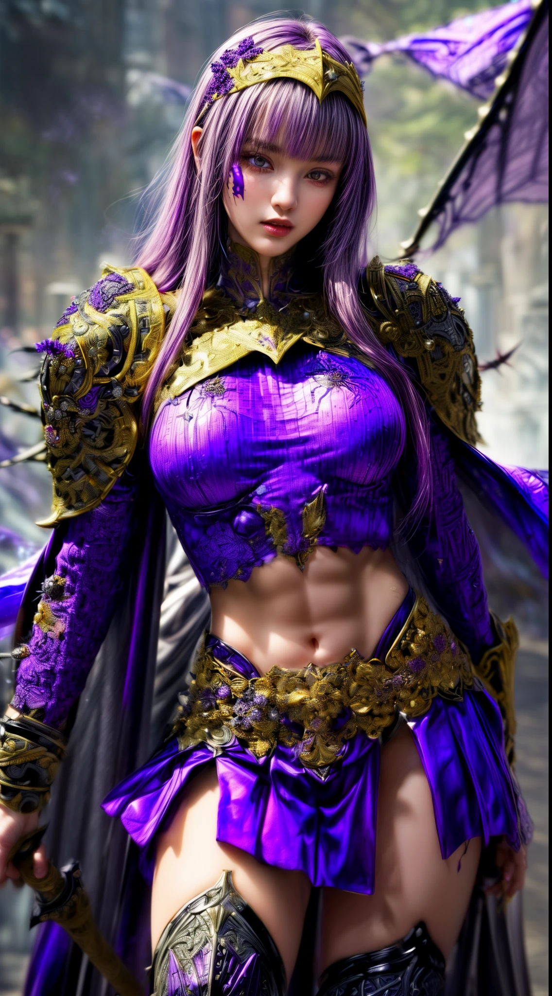 Very beautiful woman、Slender women、(Detailed face)、Realistic Skin、((holy knight)), (Purple Armor))、((((Purple armor with very intricate and detailed decoration:1.5))))、((Delicate photo)),(Girl Astepeace RAW Photo Details:1.25), (highest quality:1.6), (超A high resolution:1.5), (Realistic:1.75), 8K resolution, Canon EOS R5, 50mm, Absurd, Ultra-detailed,Cinema Lighting,((battlefield))、((battle))、(((Embellished grey skirt)))、Thigh-high socks、Shin Guards、((light purple hair))、Loose Side Tail、(I can see your ripped abs)、Cape、Beautiful Armor、(((Has a huge weapon)))、(In combat)、((Symmetrical Armor))、((((Purple Mist))))、(((Leading a large group of knights:1.2)))、Banner、Spider-inspired armor、(((Battle Scene)))、(((Purple Spider)))