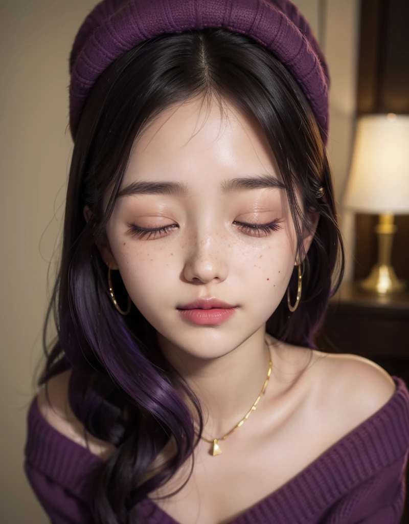 1 girl, slim head, 25 years old, south korean, idol, masterpiece, perfect face, soft skin, freckles under eyes, long soft fluffy purple hair, massive breast, shining purple eyes, red lips, natural makeup, red eyeliners, happy, big smile, leaning in for a kiss, kissing, pink earrings, gold necklase, off-shoulder sweater, soft wool hat, facing the spectator, bright colors, portrait, hips-up, face focus.