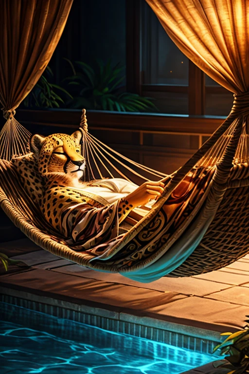 fat female cheetah, hammock, kimono, silver jewelry, detailed face, detailed eyes, detailed nose, detailed lips, sleeping cheetah, realistic, photorealistic, ultra-detailed, 8k, best quality, masterpiece, cinematic lighting, dynamic composition, warm color palette, glowing fur, intricate patterns, flowing fabric