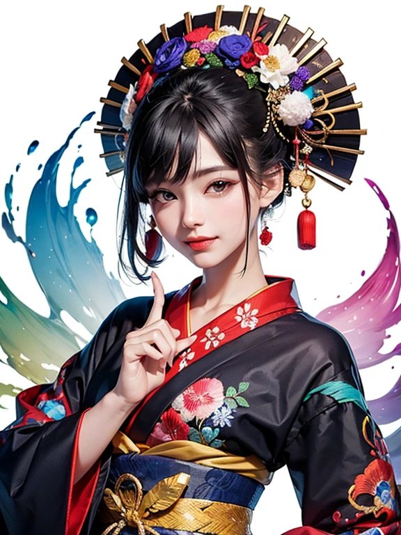 (Tabletop、8k, highest quality、highest quality、Official Art、Beautiful and aesthetic:1.2)、(1 girl)、Elaborate costumes (Gorgeous Japanese kimono (colorfulな着物 (Detailed embroidery)))、Very detailed、(Fractal Art)、colorful、Best details、Smile、Detailed eyes