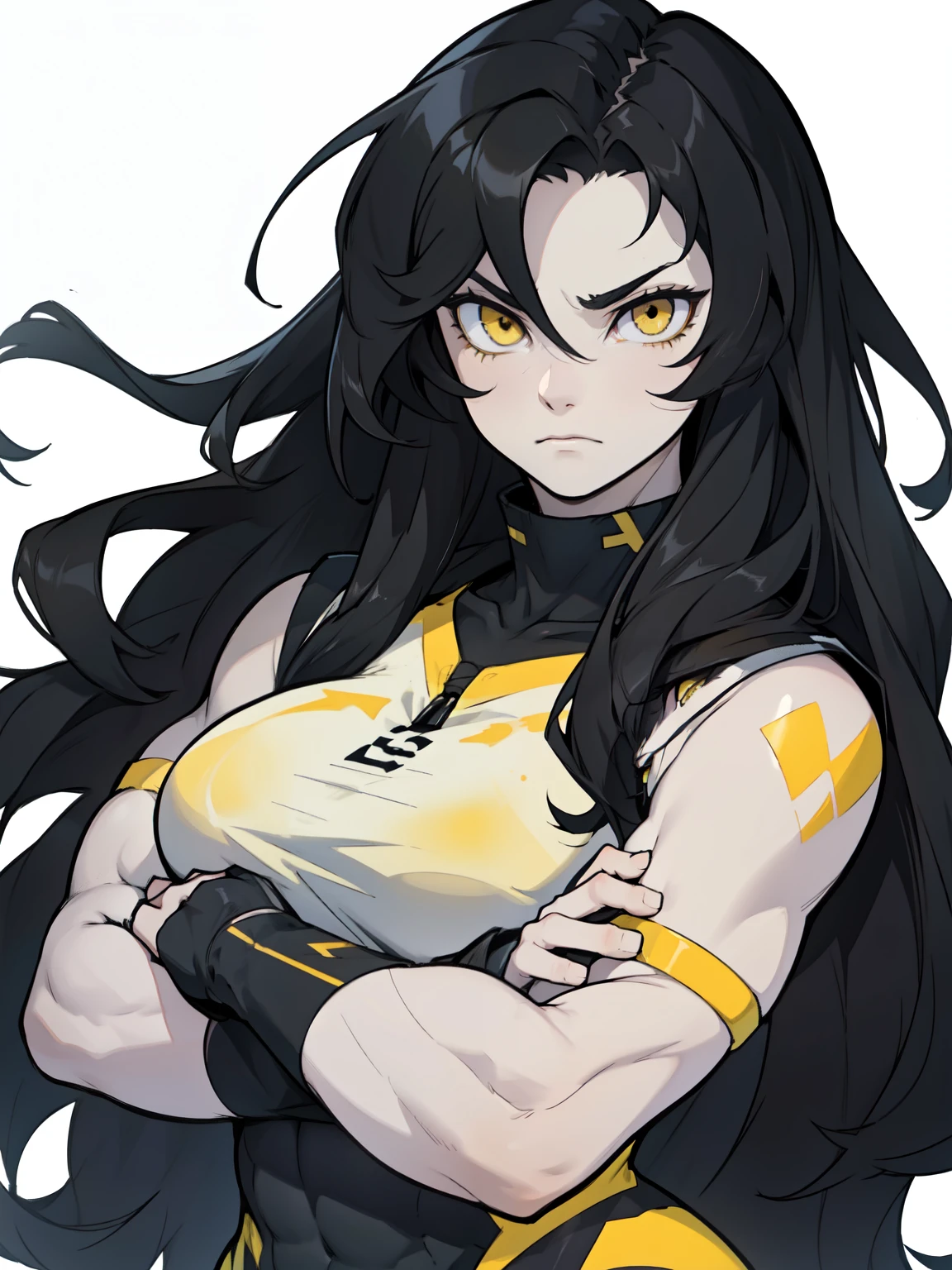 (messy hair extremely long hair black hair yellow eyes pale skin (muscular girl thick girl)) expressionless sad