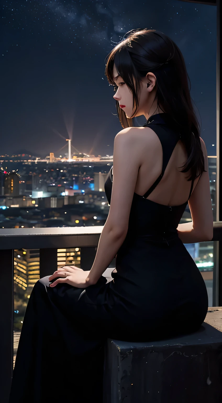 A woman in a black dress looking out over the city at night, modern look, wearing an elegant dress, on a rooftop in Tokyo, ((looking into the distance))