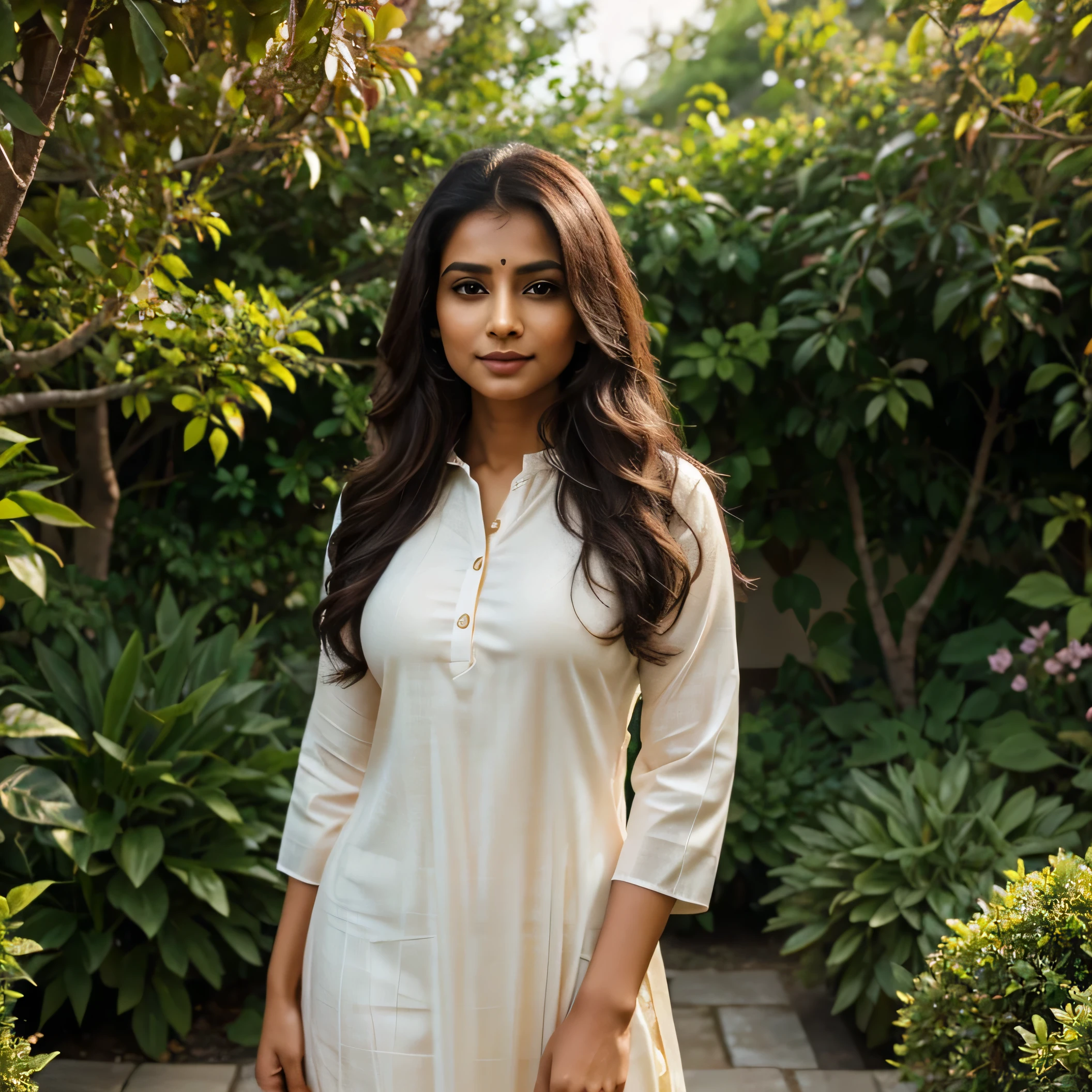 (best quality,hyper realistic photo,realistic,photo-realistic:1.37),indian woman, long hair, ,c-cup breasts, casually dressed woman,relaxed pose,standing on the balcony,looking directly at the camera,dark brown eyes,beautiful detailed eyes,perfect hands,subtle makeup,natural beauty,hint of blush on cheeks attractive figure,slim and curvy silhouette,soft sunlight streaming in,creating gentle shadows,hyper-detailed background,harmonious color palette,vibrant and warm colors,subtle gradients,photorealism in every aspect of the image.