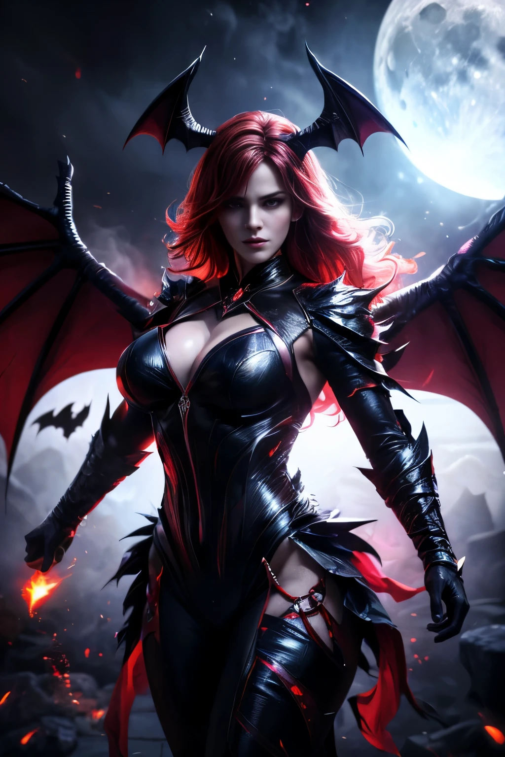(best quality,4k,8k,highres,masterpiece:1.2),ultra-detailed,(realistic,photorealistic,photo-realistic:1.37), (girl like a bat out of hell), full body, demon Wings, flowing hair, athletic physique, dark clothes, dramatic lighting, high contrast, powerful dynamic lines, vibrant colors, fierce eyes, sharp fangs, ethereal atmosphere, intense energy, flying objects, shattered debris, swirling smoke, epic background, moonlit night, mysterious shadows
,demonictech,better_hands,hands, looking at camera